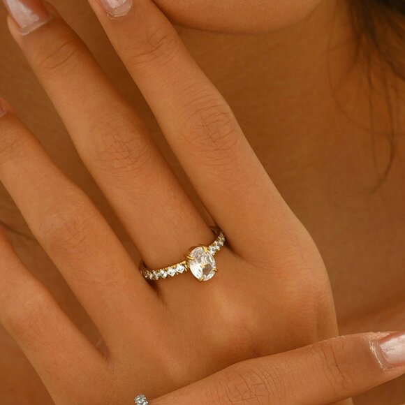 3/$35 14K Gold Plated Oval Cut Diamond Fashion Ring Cubic Zirconia Pave Band - Picture 3 of 6